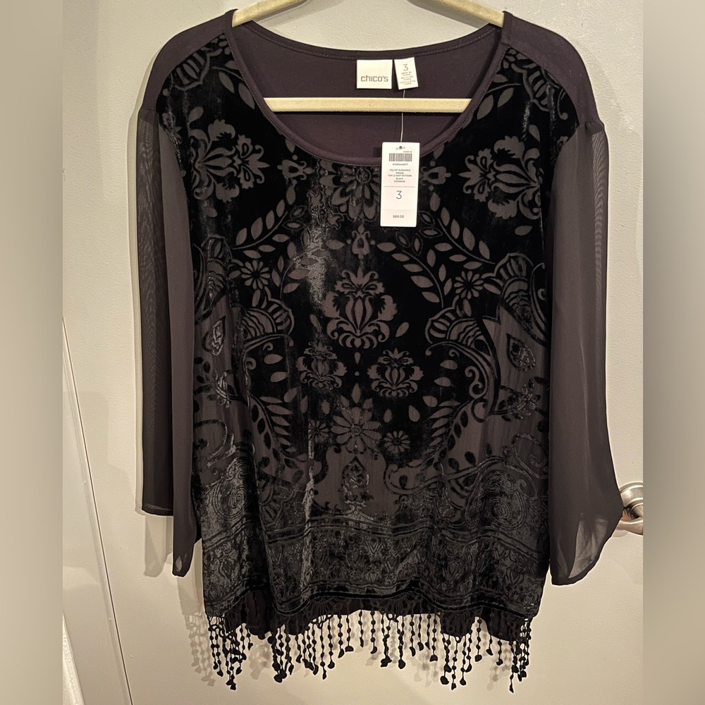 NEW Chico’s Black Velvet Beaded Hem Blouse